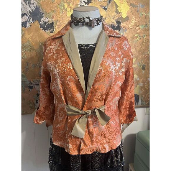 Vintage Gigi Clark Modern Couture 5/L Jacket Orange Gold Tie Front Jacquard - Picture 1 of 9